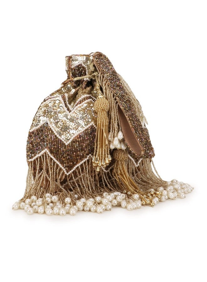 Anekaant Dangle Gold & Copper Chevron Embellished Faux Silk Potli - Image 5
